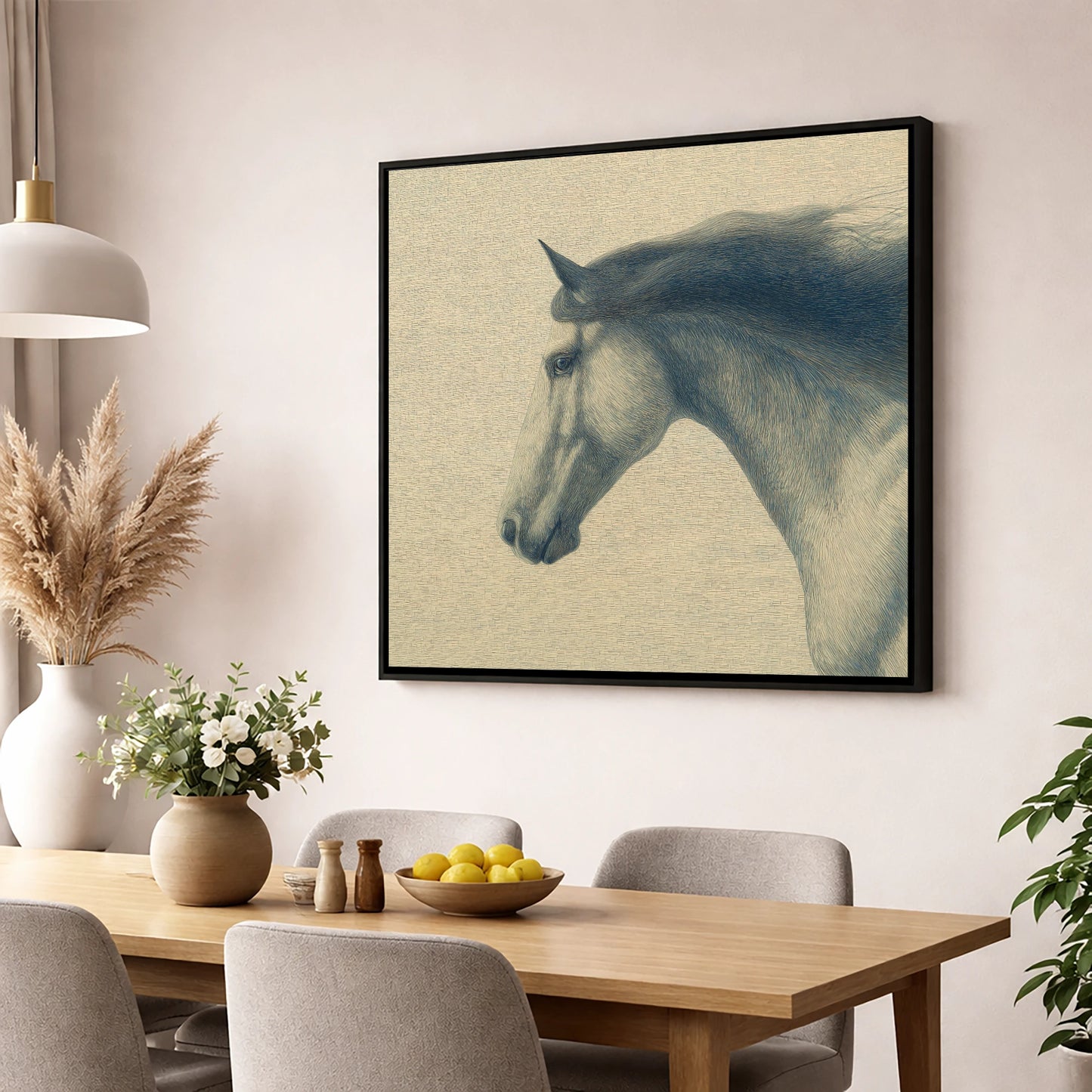 The Slate Blue Stallion horse breed wall art displayed in a dining room