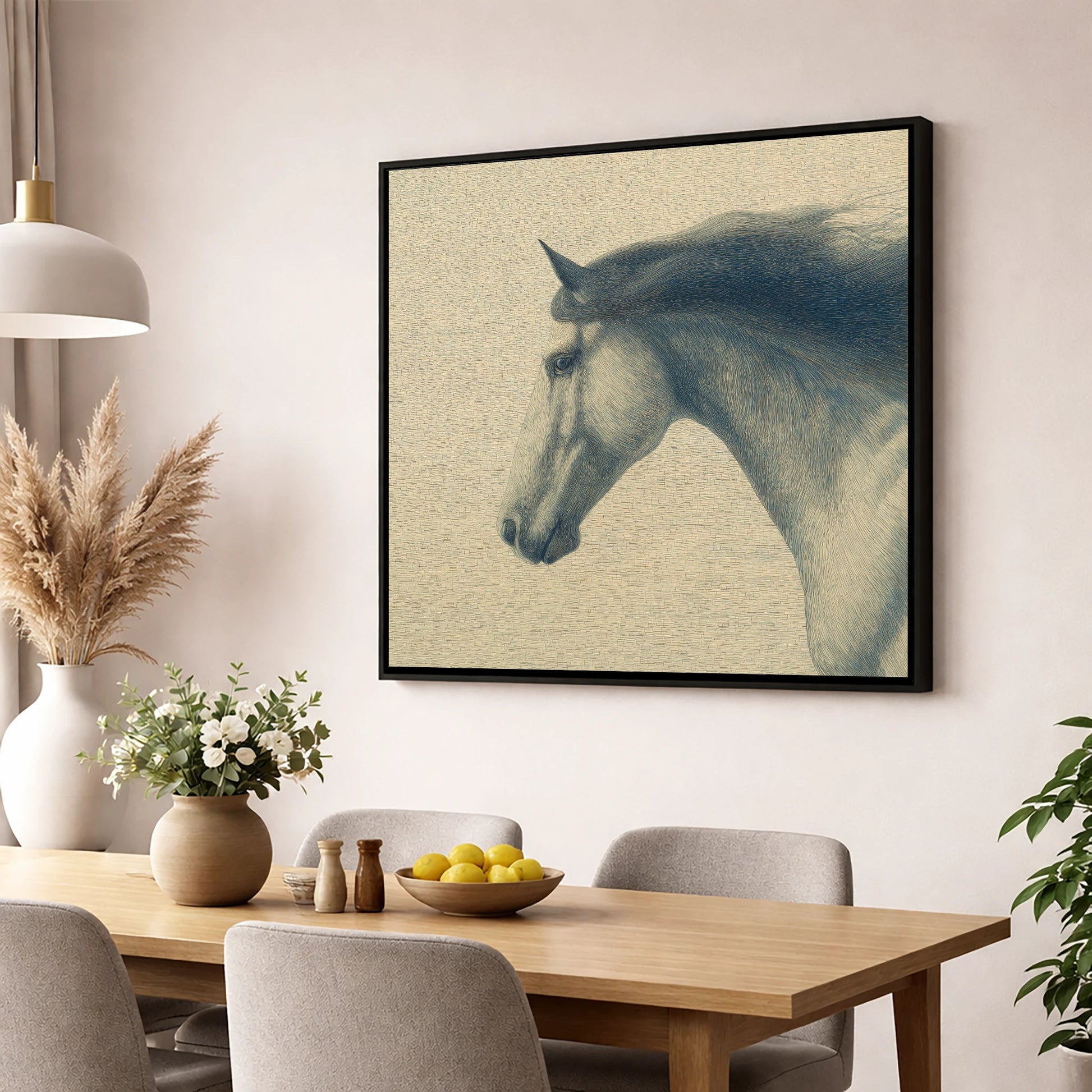The Slate Blue Stallion horse breed wall art displayed in a dining room