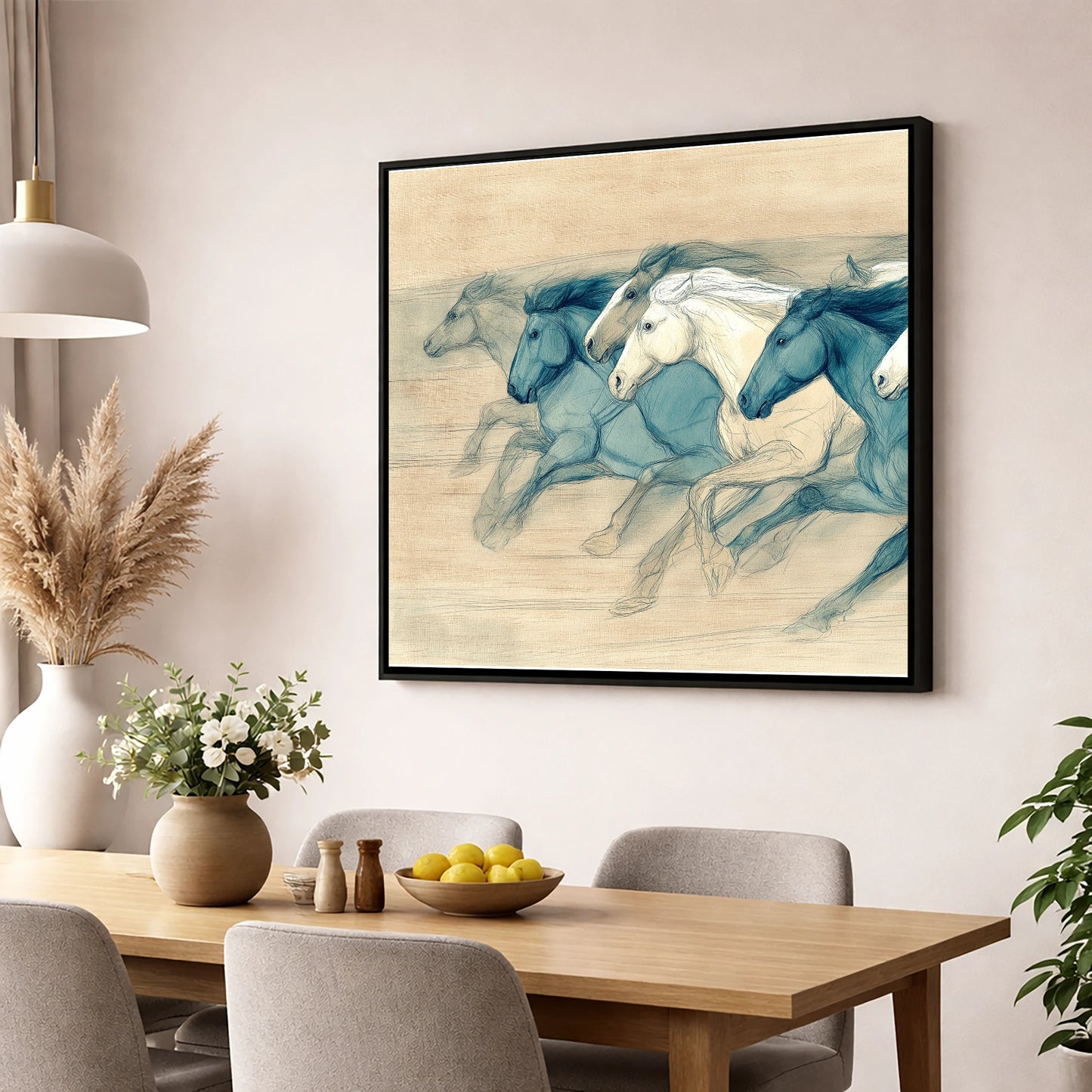 Rhythm of the Herd wild horses wall art displayed in a dining room