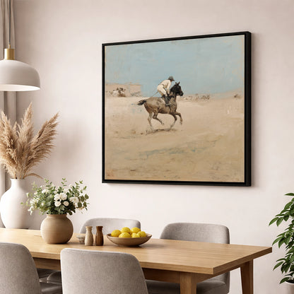 The Morning Gallop racing horse wall art displayed in a dining room