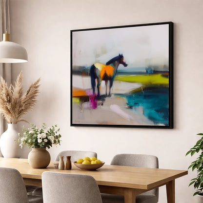 Abstract Equine Horizon horse landscape wall art displayed in a dining room