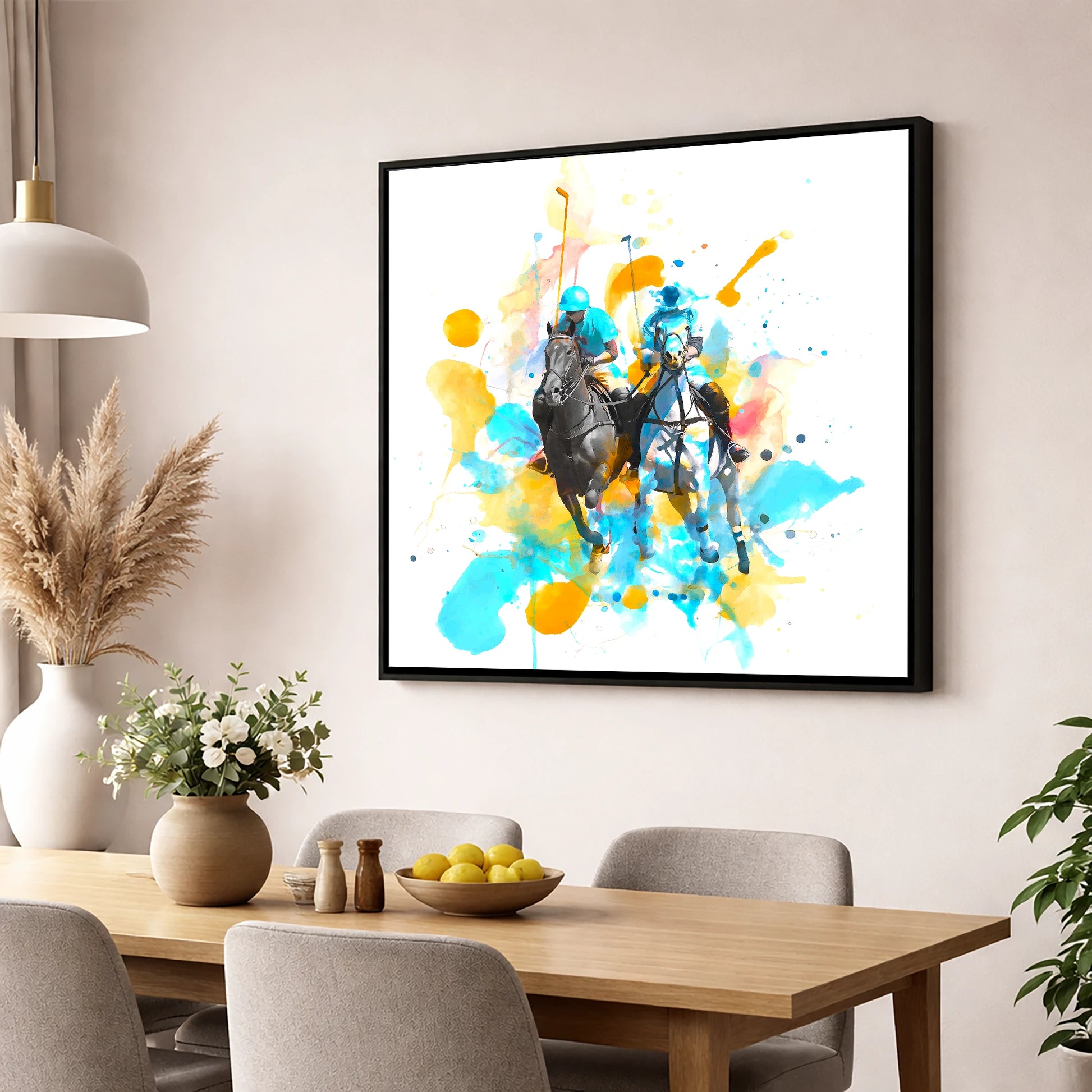 Mid-Chukka Clash polo horse wall art displayed in a dining room