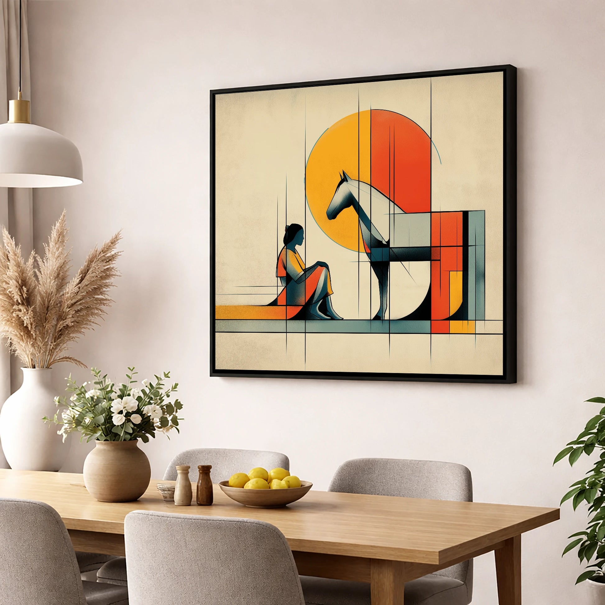 Structured Harmony horse & rider wall art displayed in a dining room