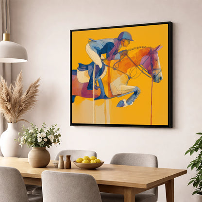 Suspended in Gold show jumping horse wall art displayed in a dining room