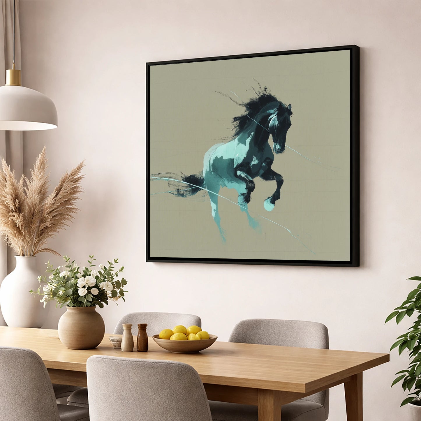 Dynamic Teal Stallion horse breed wall art displayed in a dining room