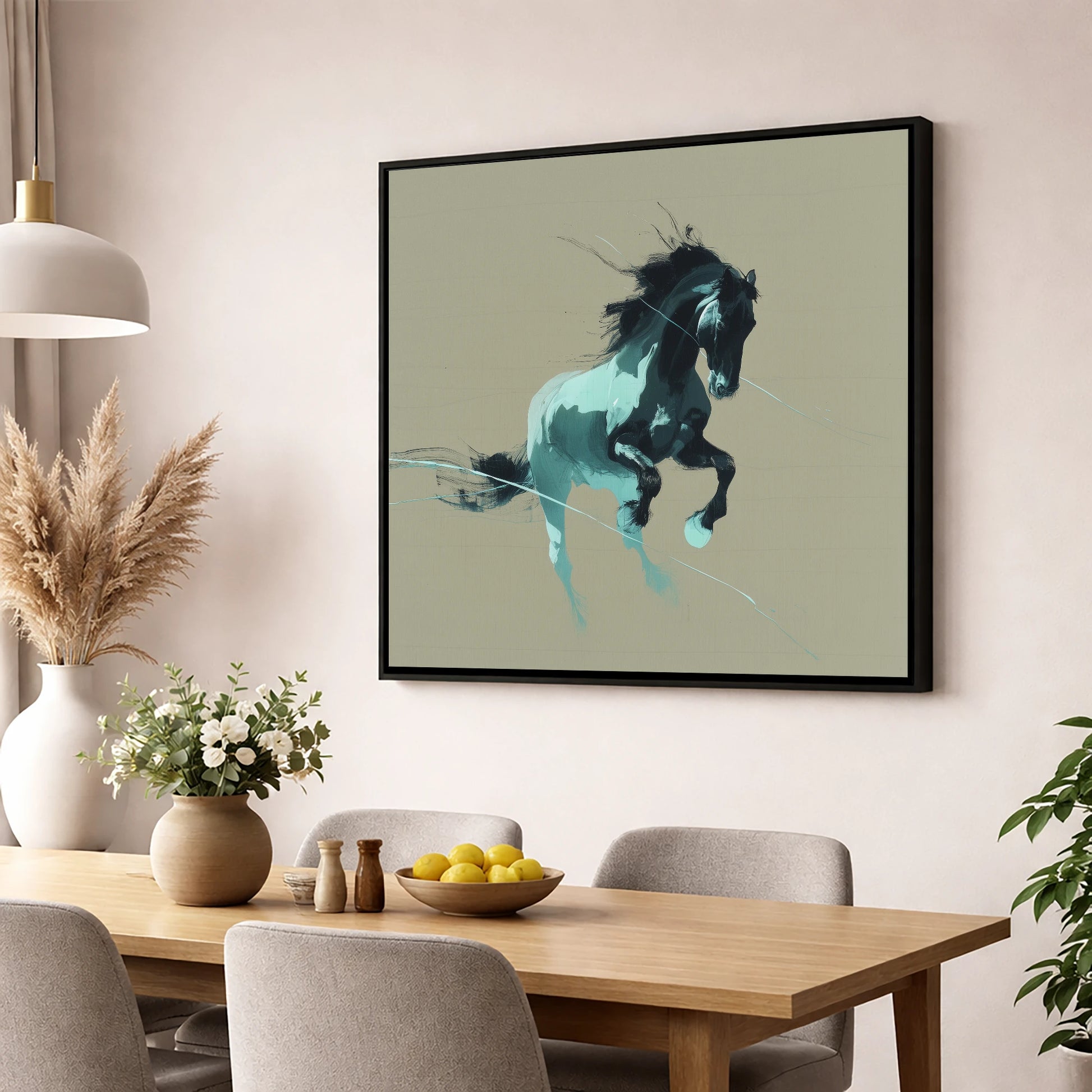 Dynamic Teal Stallion horse breed wall art displayed in a dining room