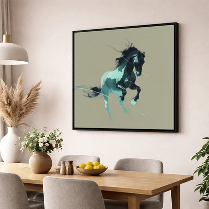 Dynamic Teal Stallion horse breed wall art displayed in a dining room