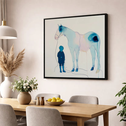 The Gentle Guide horse & rider wall art displayed in a dining room