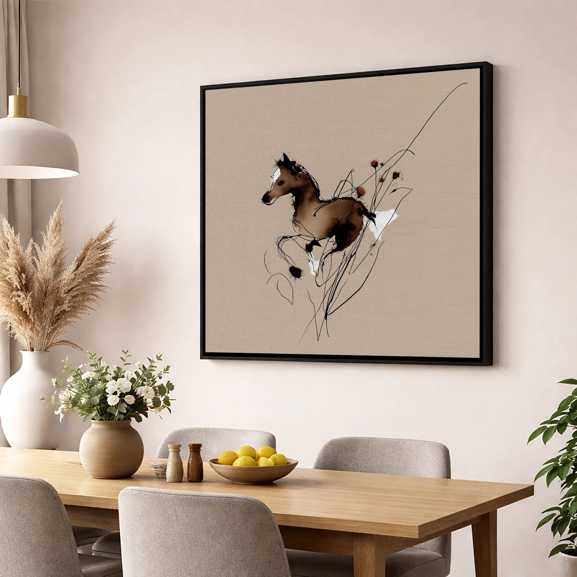 Joyful Bound horse portrait wall art displayed in a dining room