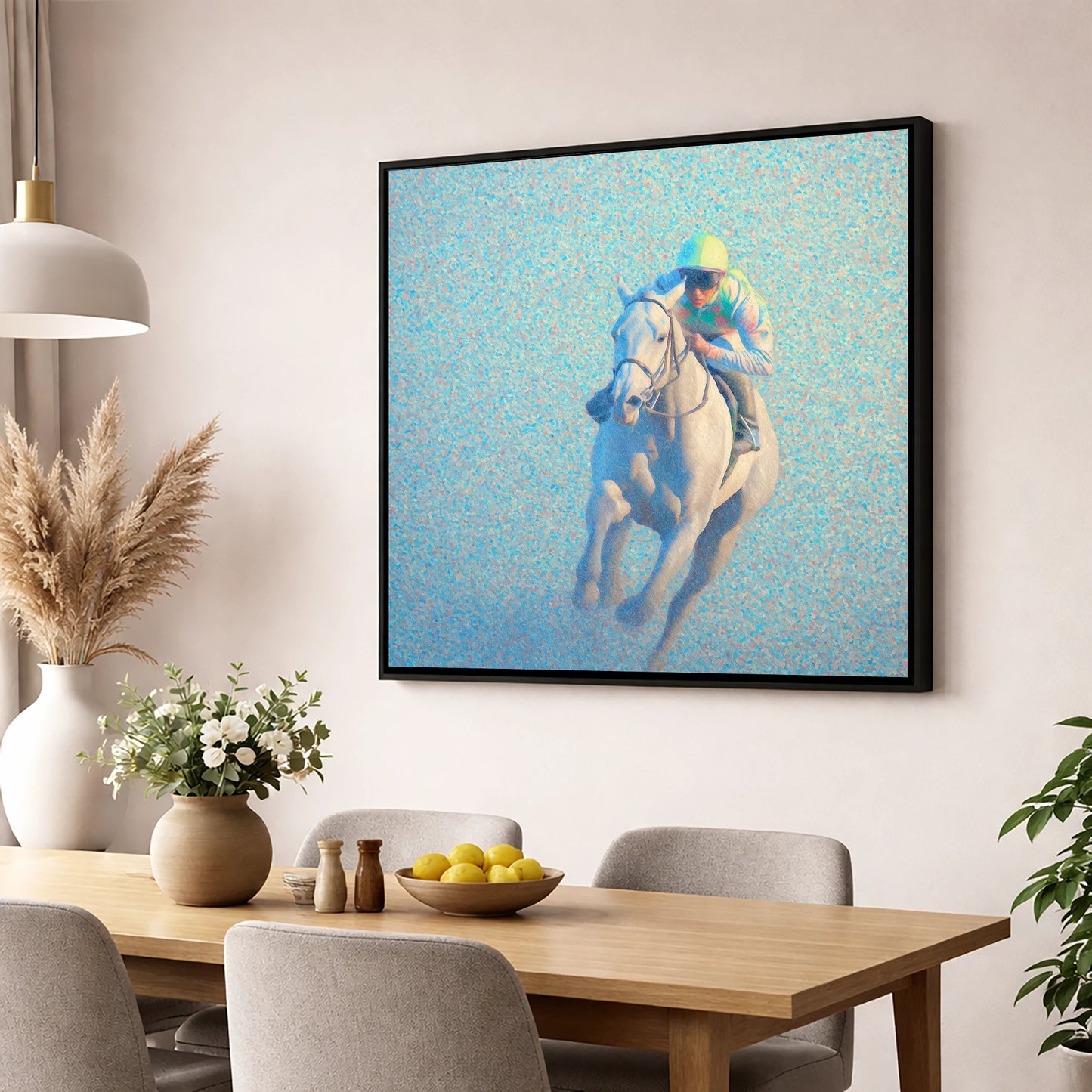 Luminous Gallop racing horse wall art displayed in a dining room