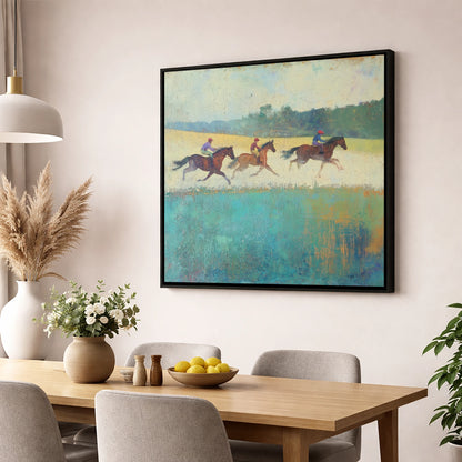 The Morning Gallop racing horse wall art displayed in a dining room