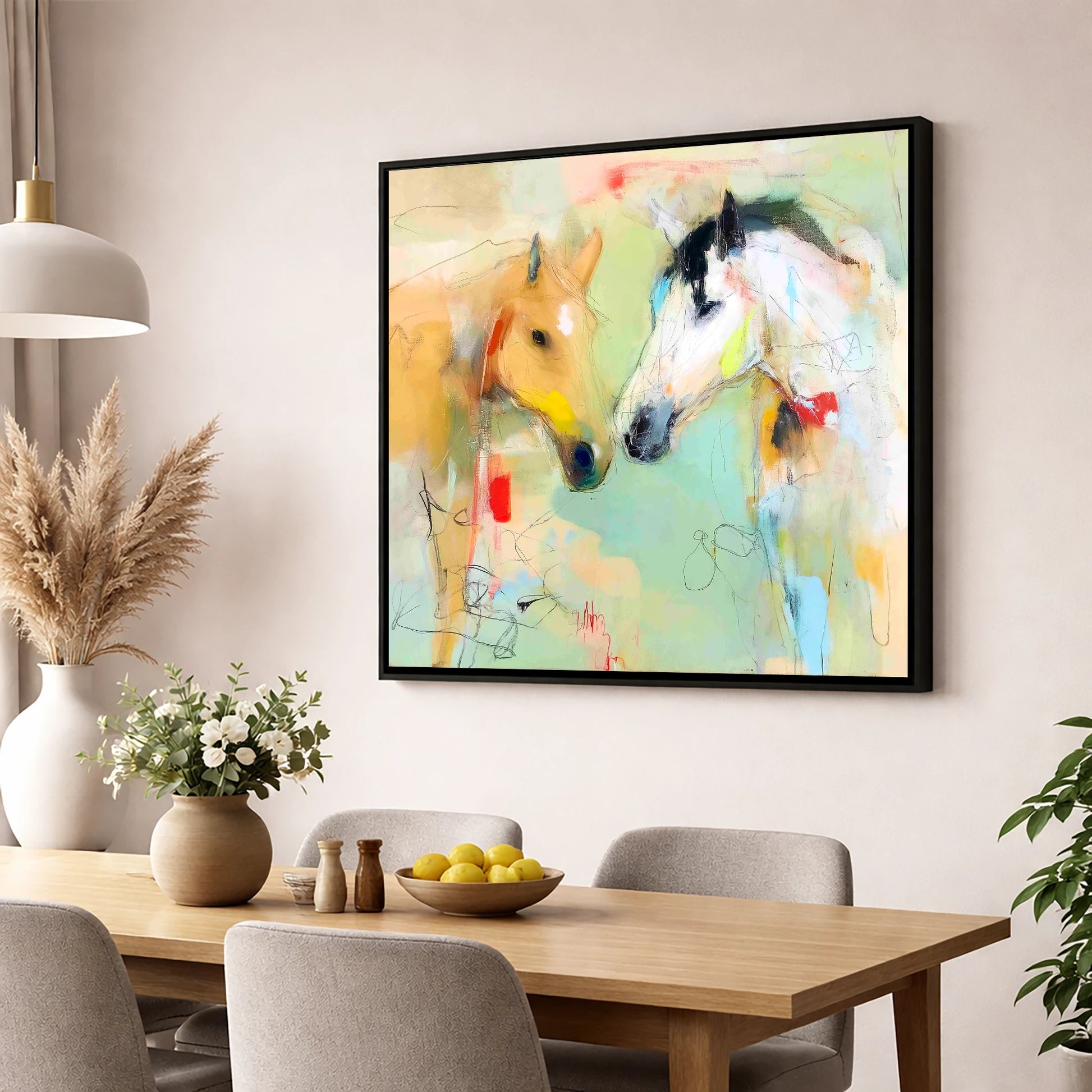 Whispered Secrets horse portrait wall art displayed in a dining room