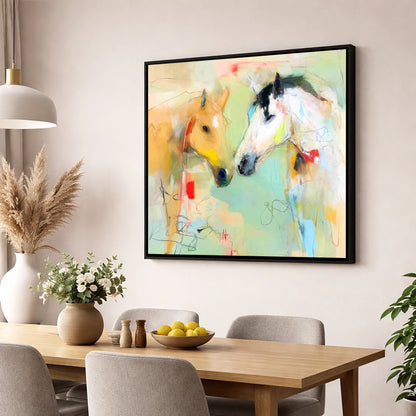 Whispered Secrets horse portrait wall art displayed in a dining room