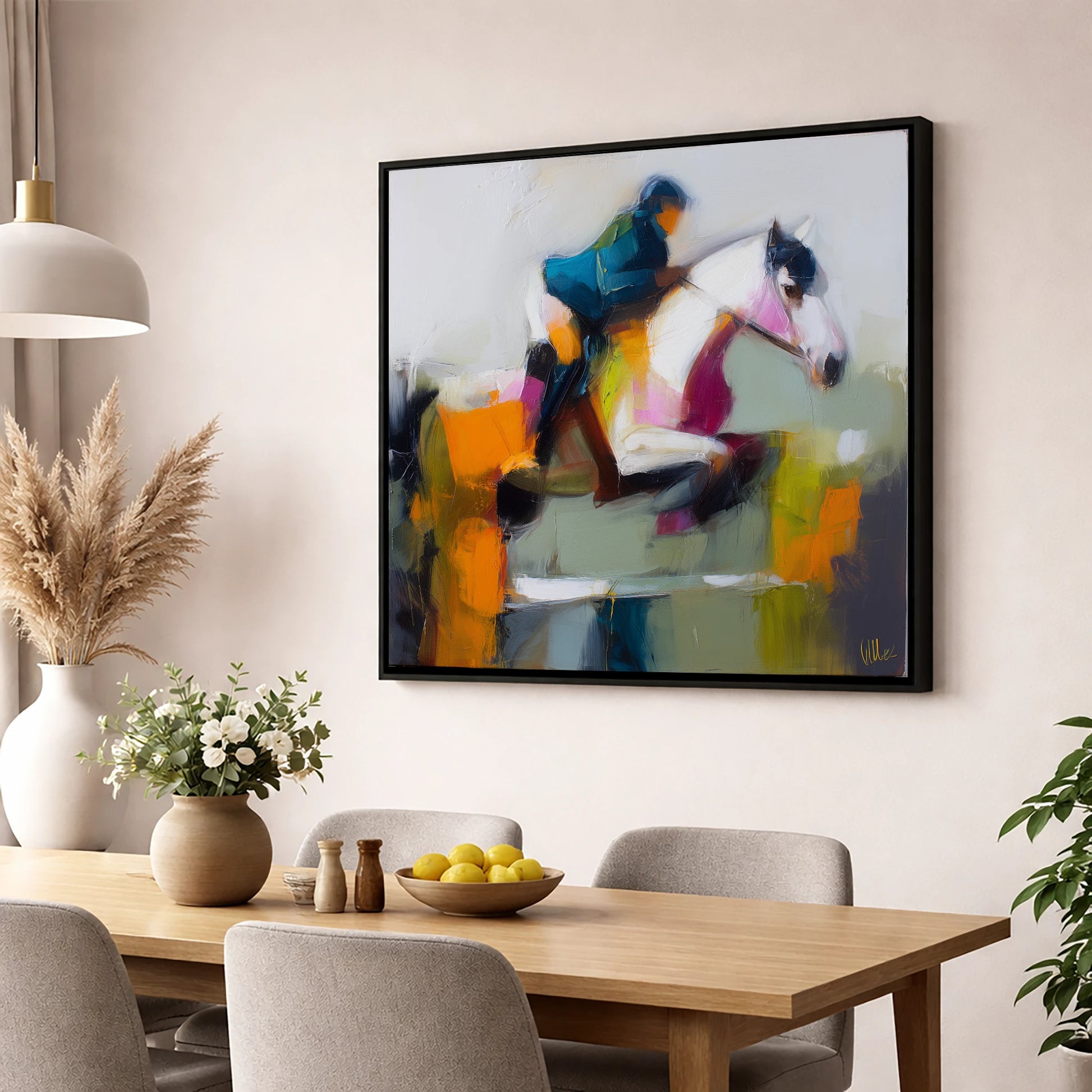 Vivid Flight show jumping horse wall art displayed in a dining room