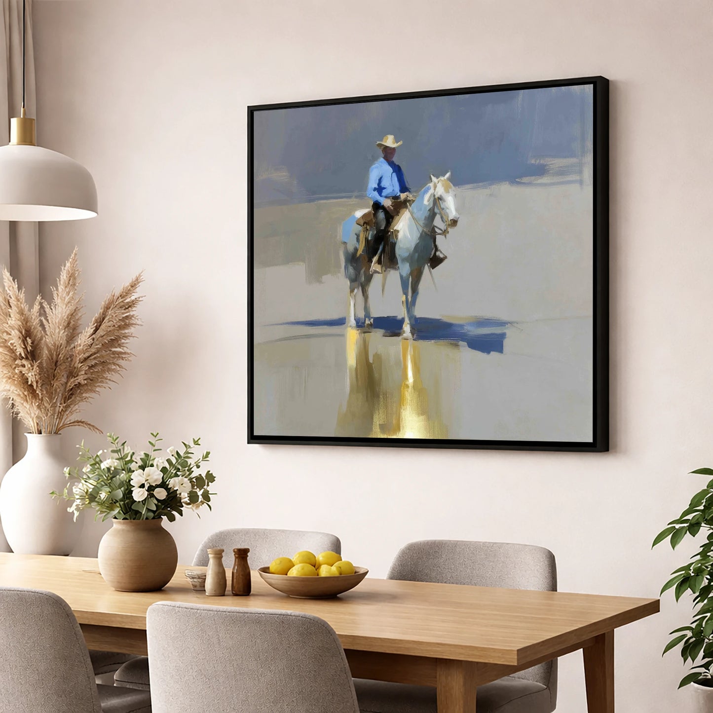 The Sunlit Rider western horse wall art displayed in a dining room