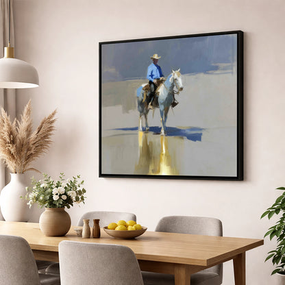 The Sunlit Rider western horse wall art displayed in a dining room