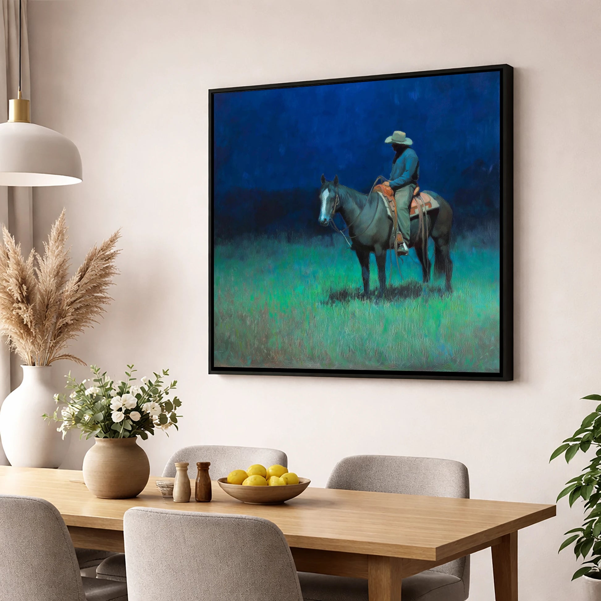 Indigo Silence western horse wall art displayed in a dining room