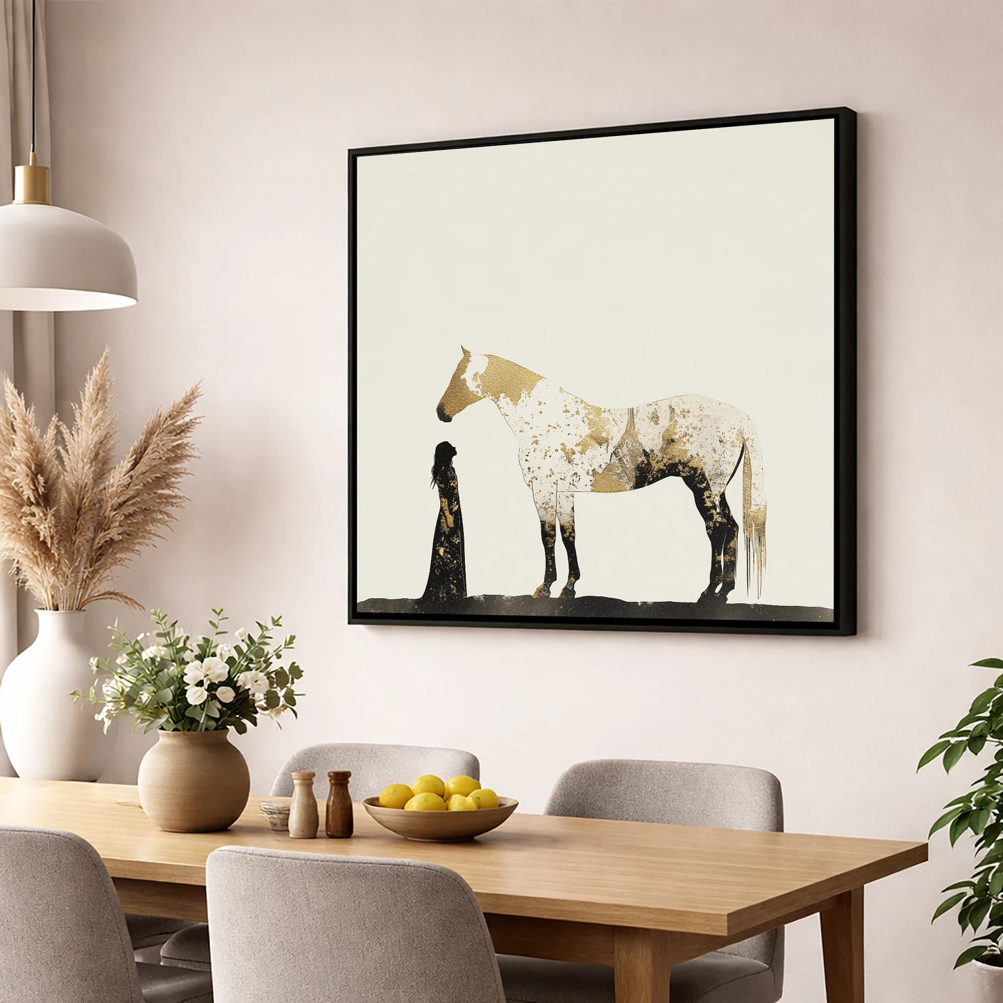 The Golden Bond horse & rider wall art displayed in a dining room