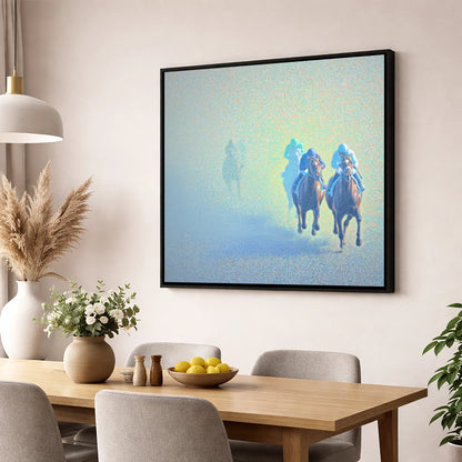 Luminous Morning Chase racing horse wall art displayed in a dining room
