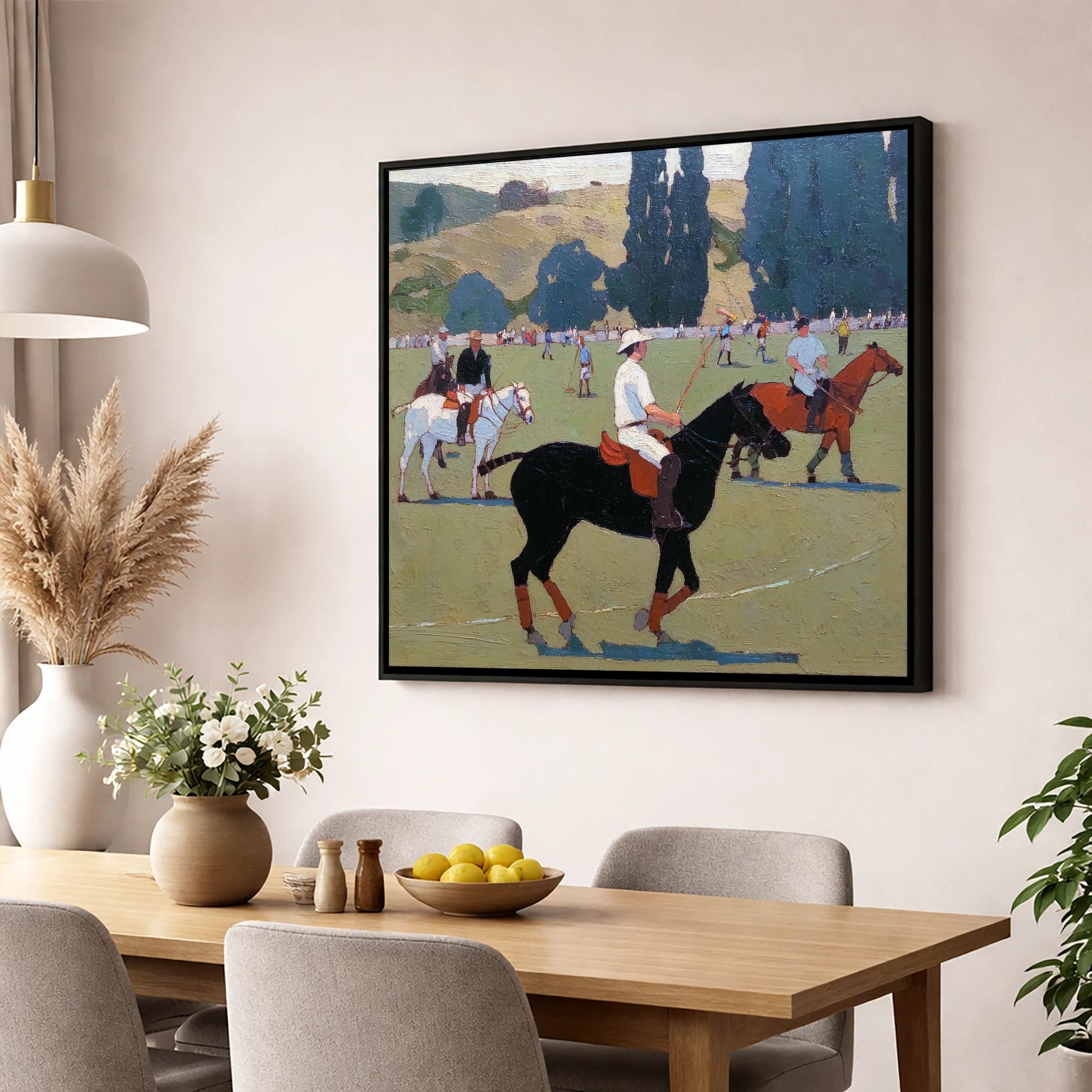 Midsummer Polo Pause polo horse wall art displayed in a dining room