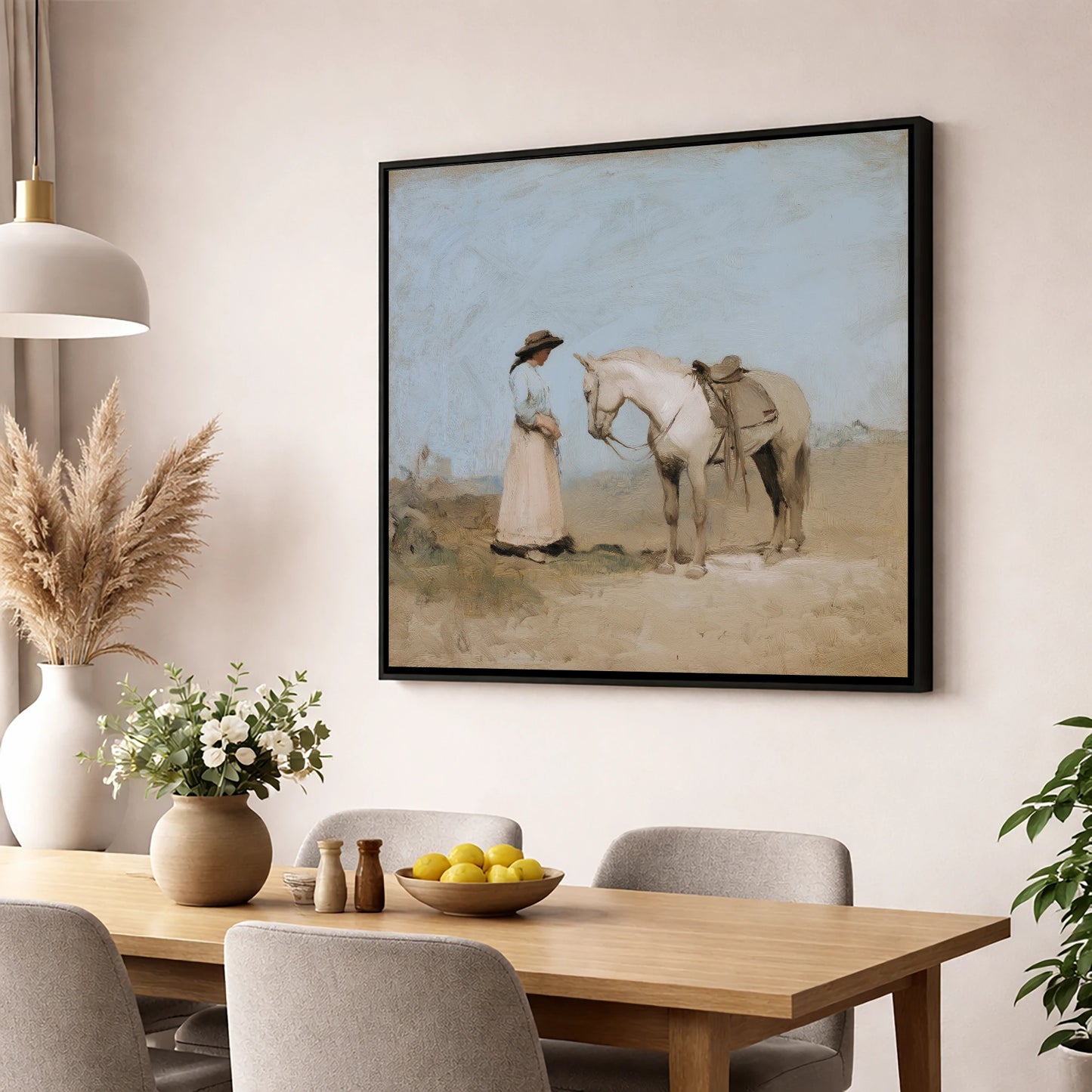The Unspoken Bond horse & rider wall art displayed in a dining room