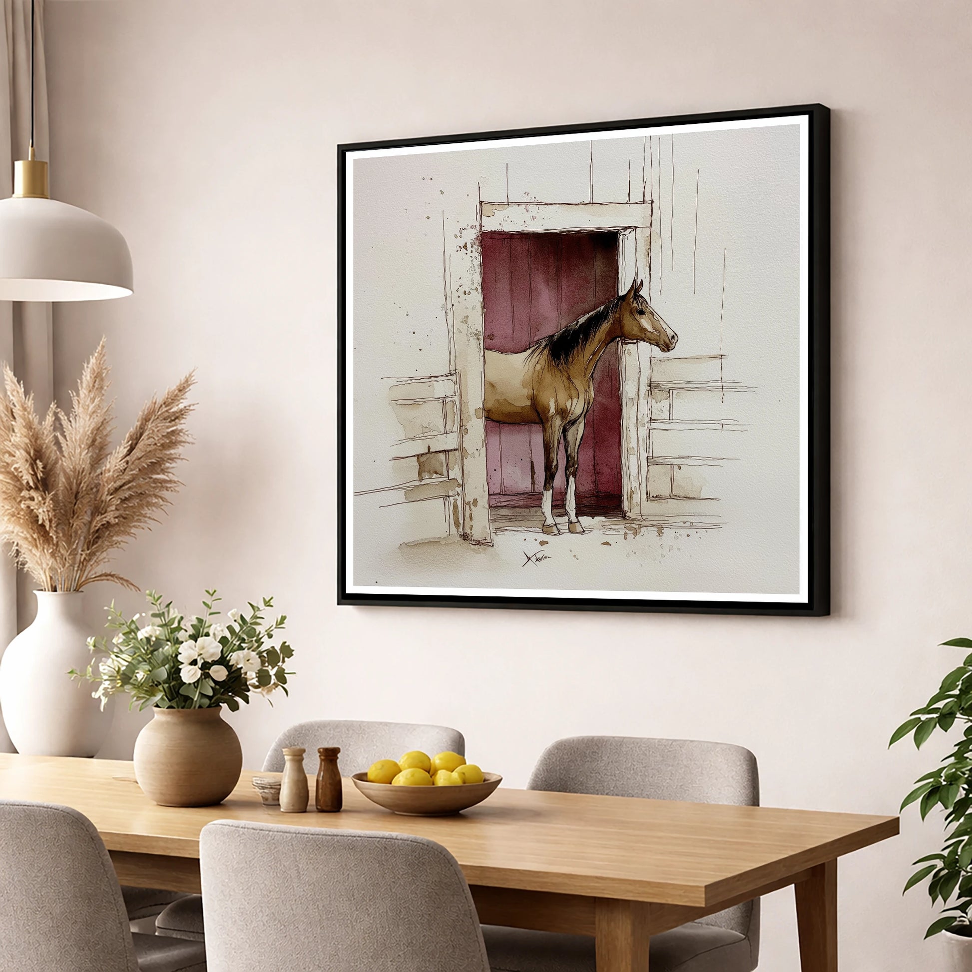 The Plum Doorway horse stable wall art displayed in a dining room
