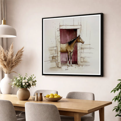 The Plum Doorway horse stable wall art displayed in a dining room