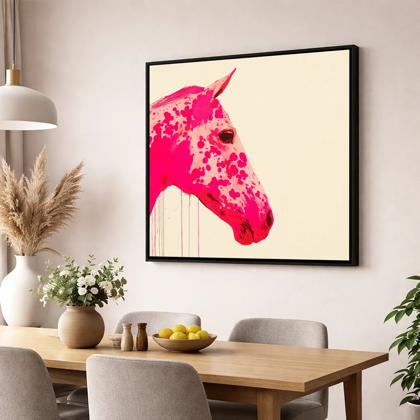 Vibrant Magenta Profile horse portrait wall art displayed in a dining room