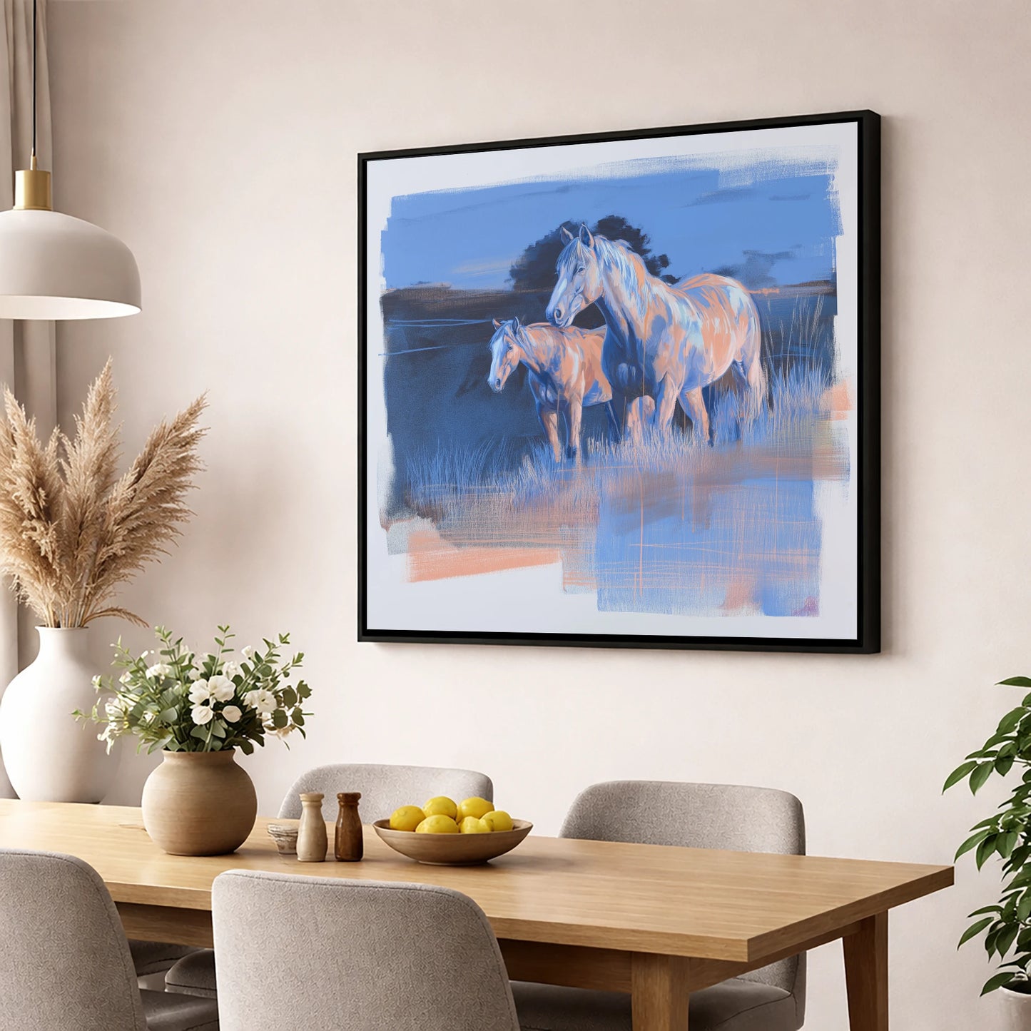 Twilight Companions wild horses wall art displayed in a dining room