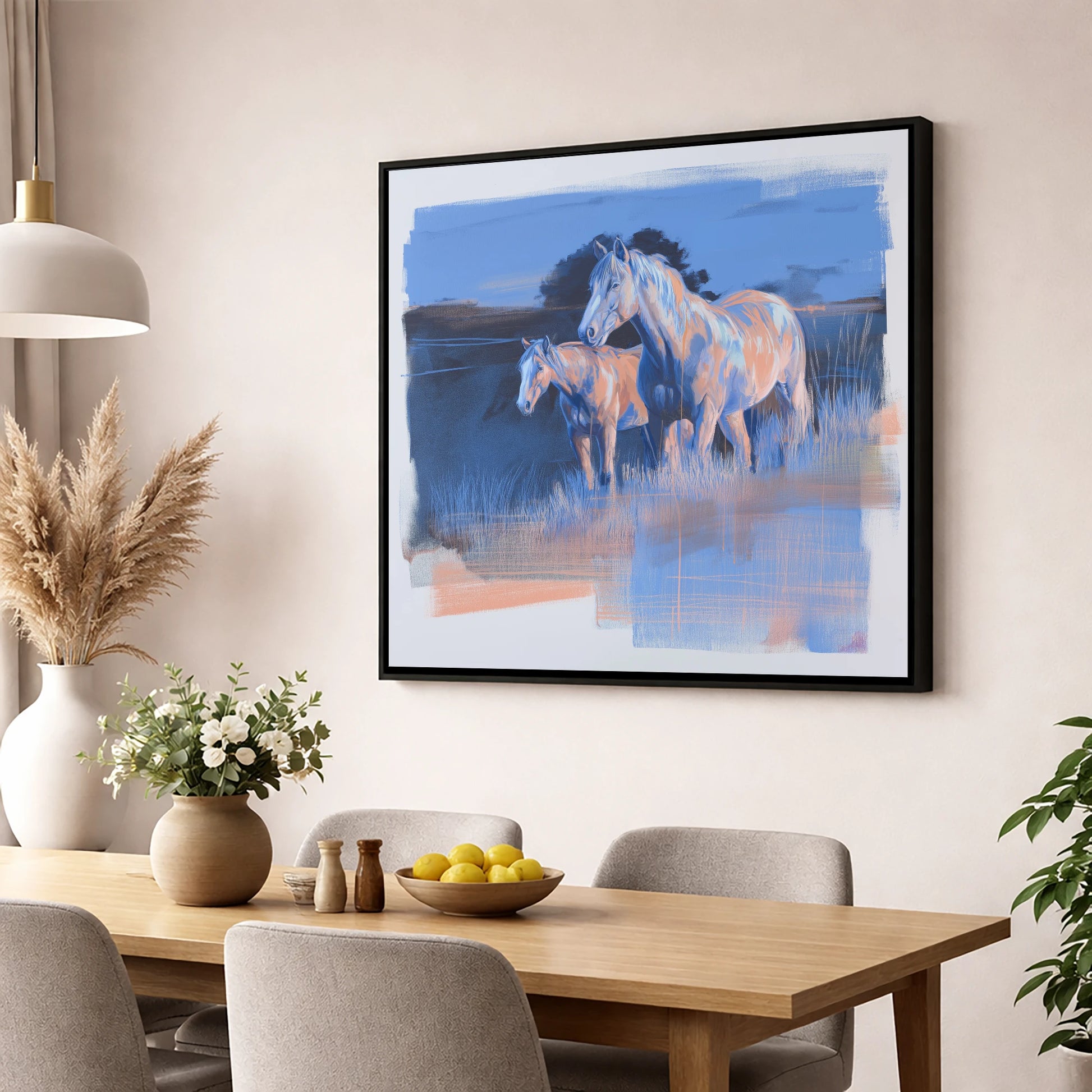 Twilight Companions wild horses wall art displayed in a dining room