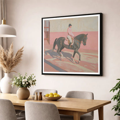Dusty Pink Shadows dressage horse wall art displayed in a dining room