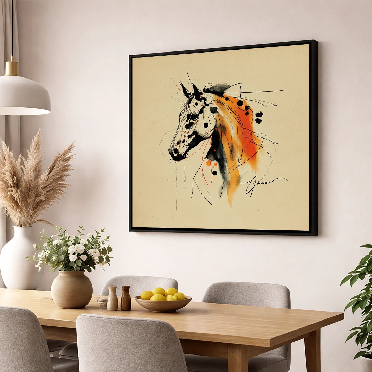 Abstract Amber Spirit horse breed wall art displayed in a dining room