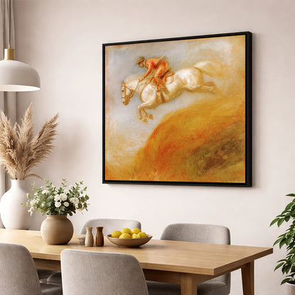 Terracotta Flight show jumping horse wall art displayed in a dining room