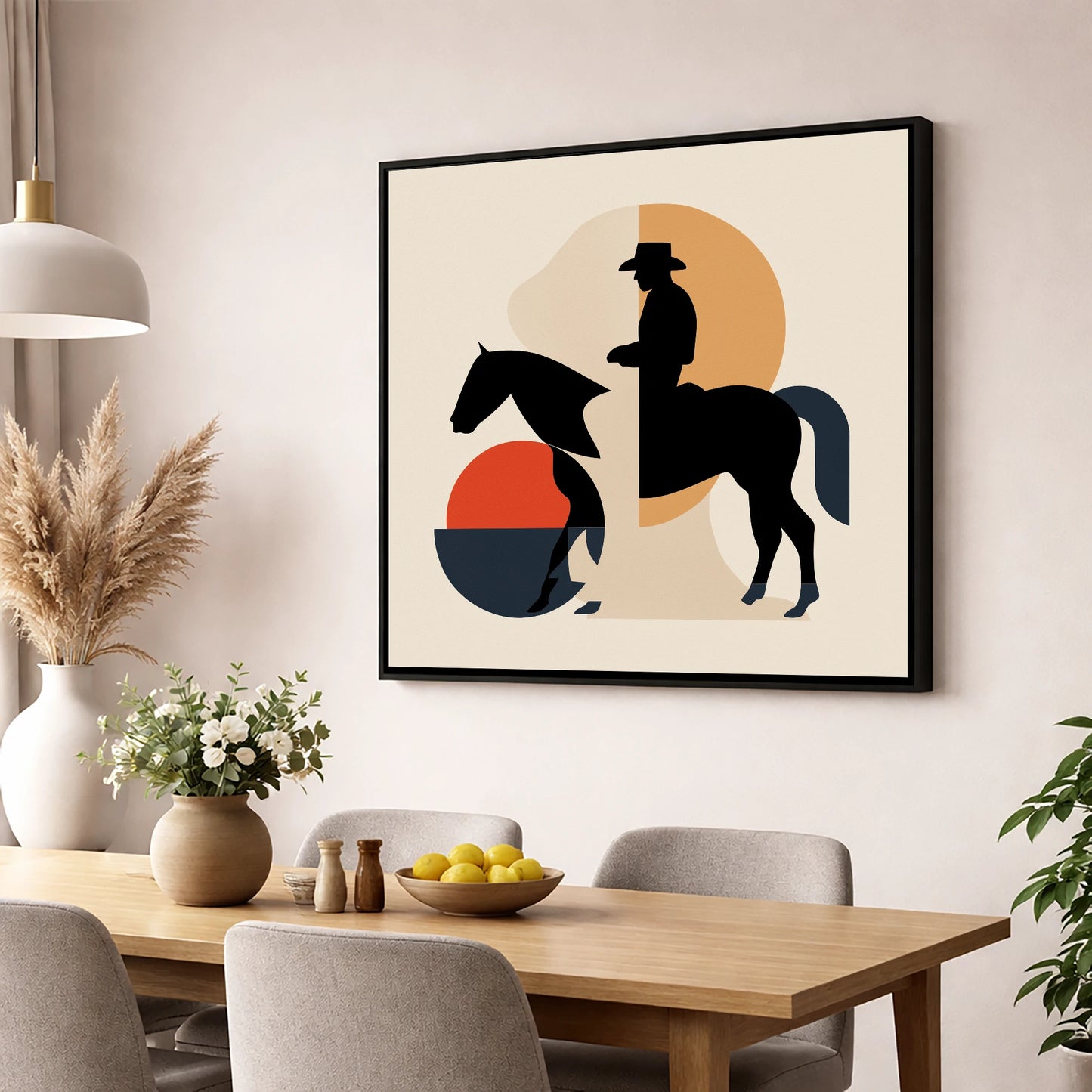 Mid-Century Western Rider western horse wall art displayed in a dining room
