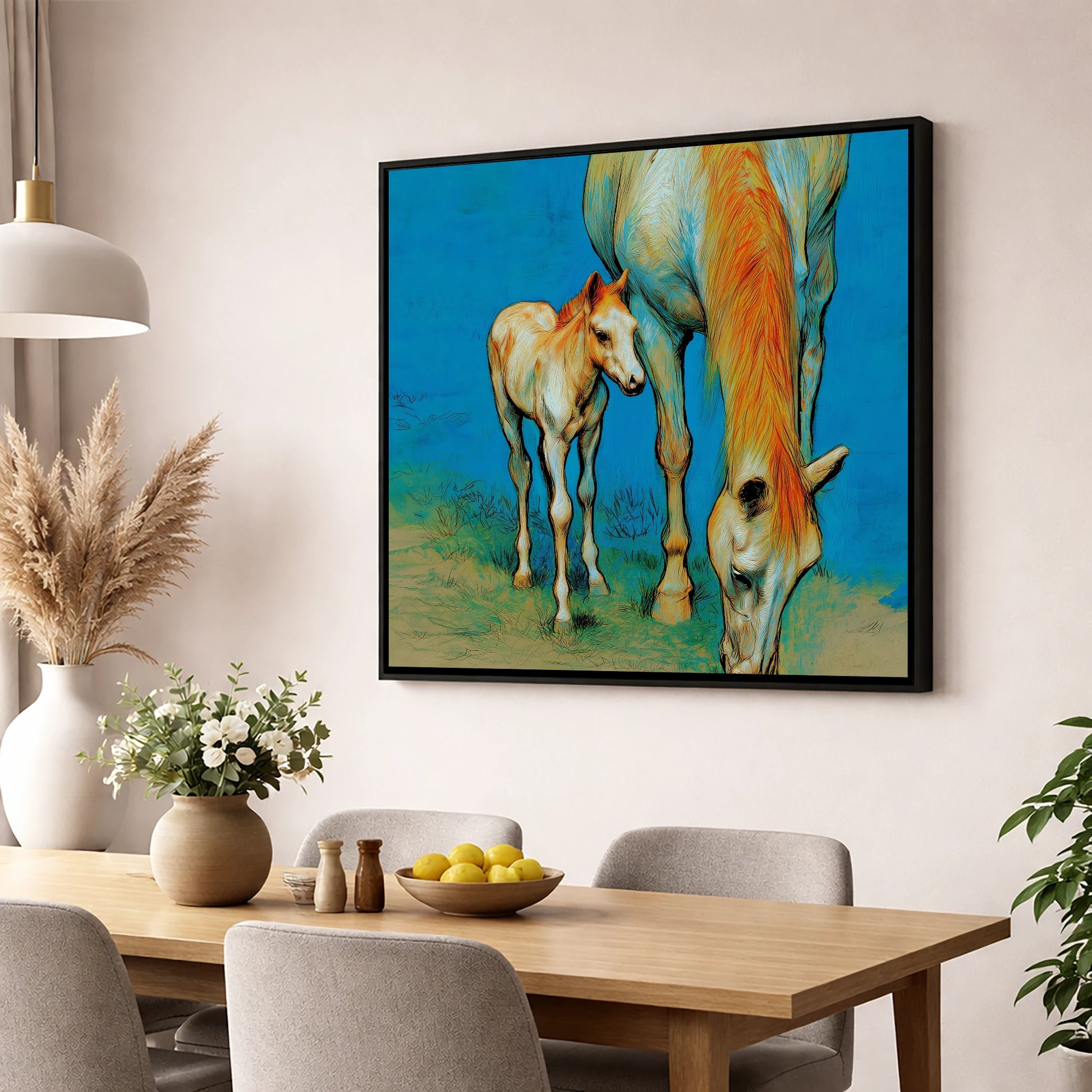 Nurture and Nature mare & foal wall art displayed in a dining room