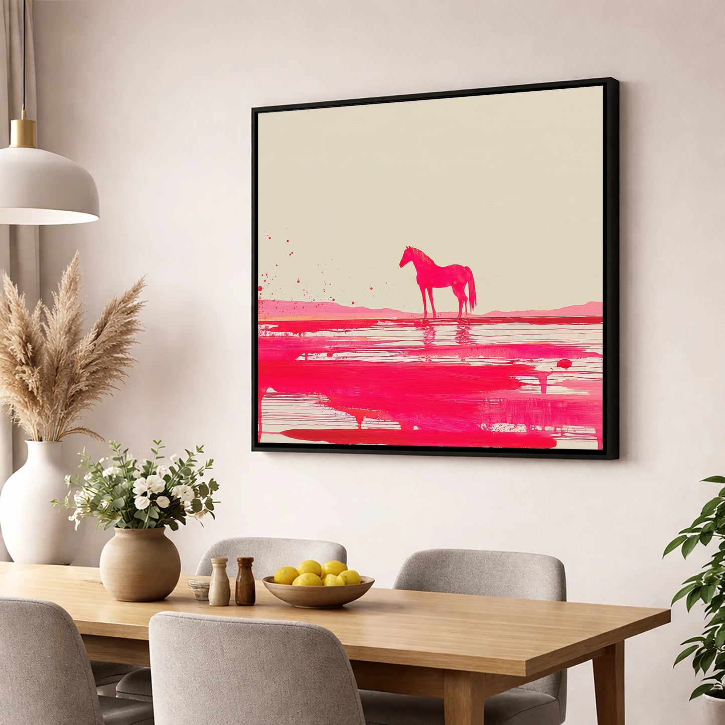 Magenta Horizon Reflection horse landscape wall art displayed in a dining room