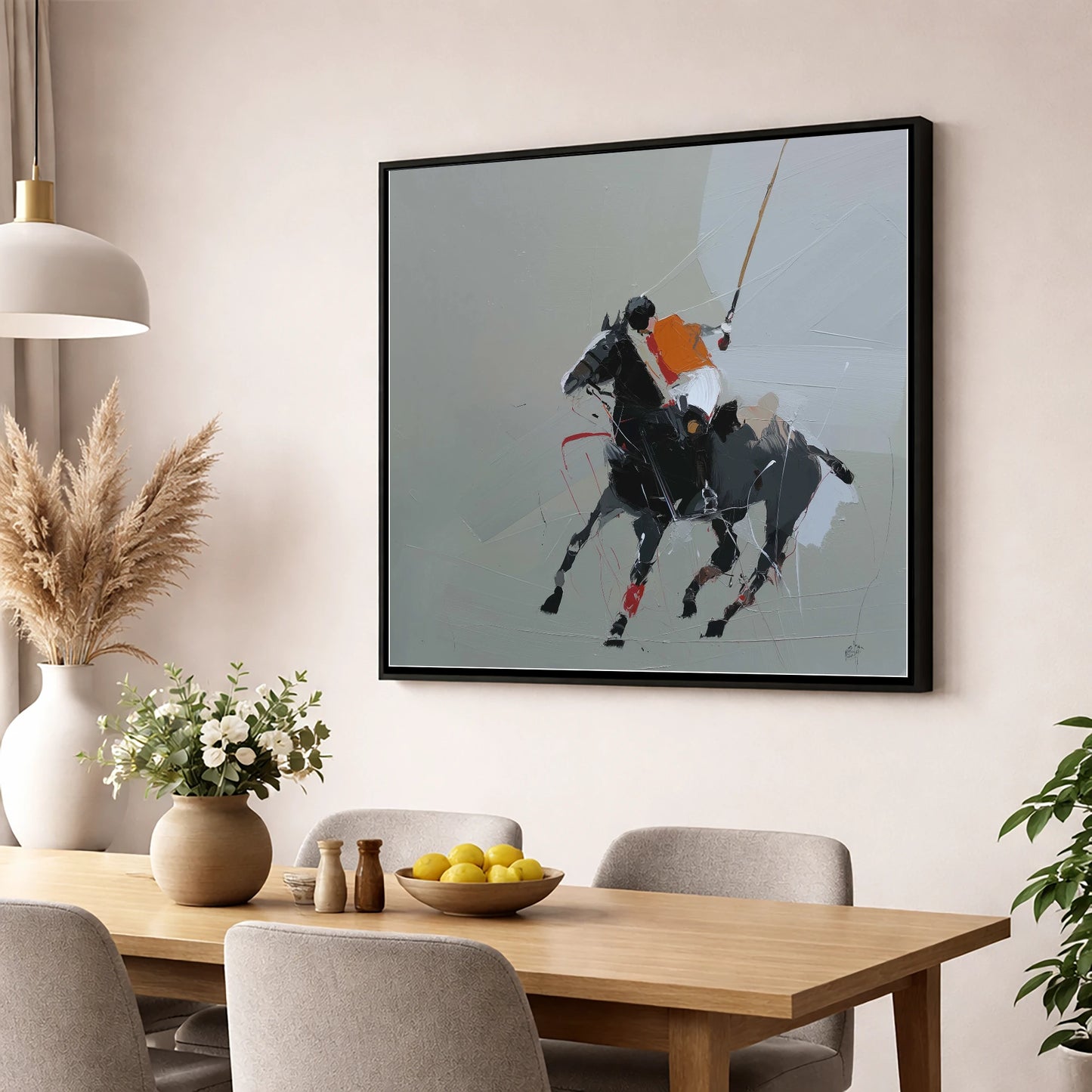 Dynamic Polo Strike polo horse wall art displayed in a dining room