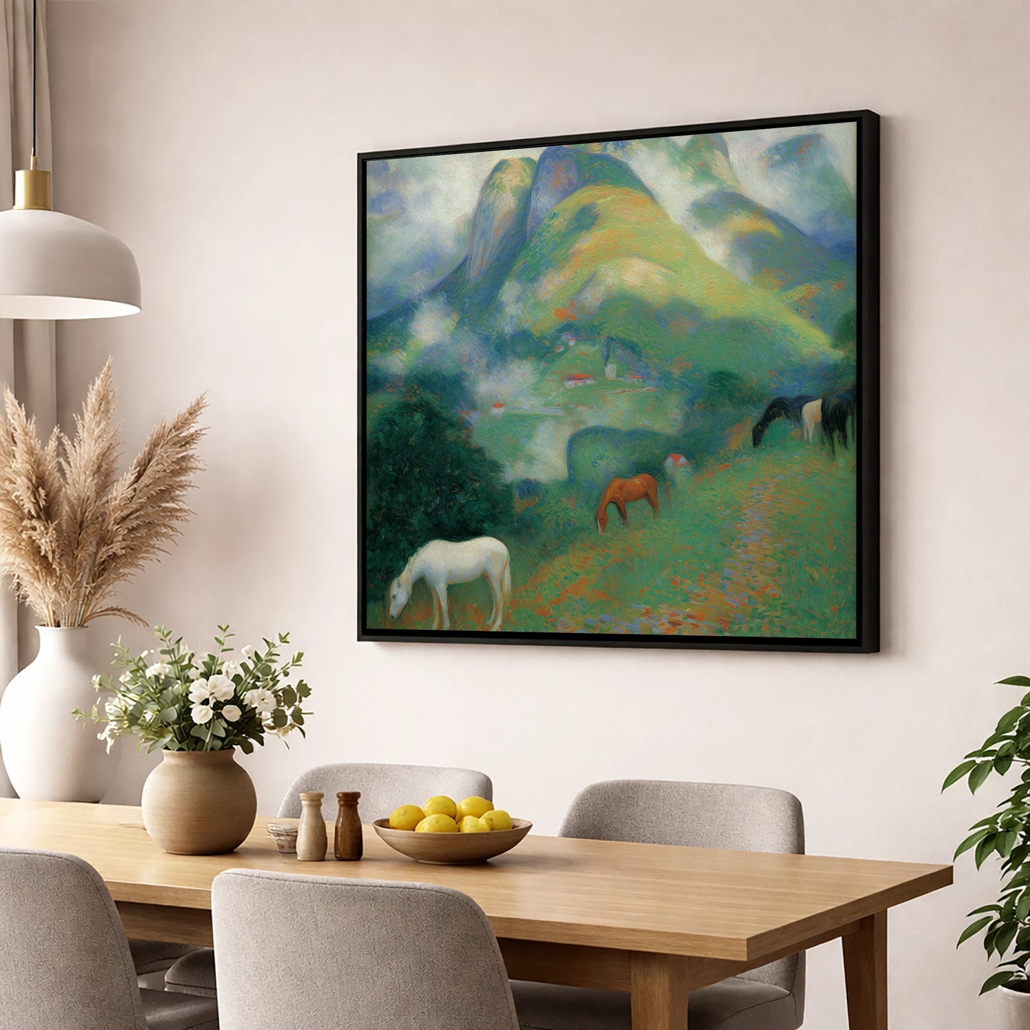 Luminous Alpine Valley horse landscape wall art displayed in a dining room