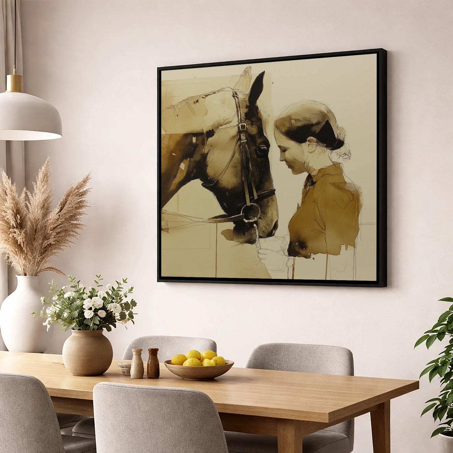 Unspoken Connection horse & rider wall art displayed in a dining room