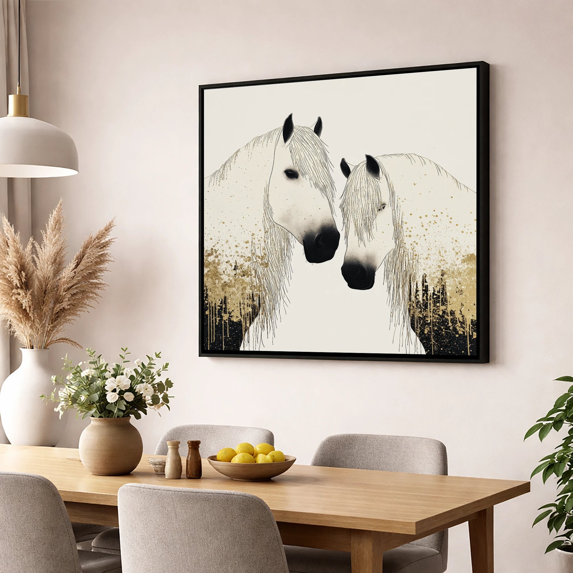 Gilded Companions horse landscape wall art displayed in a dining room