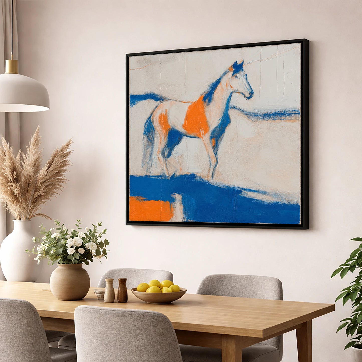 Ultramarine and Orange Profile horse portrait wall art displayed in a dining room