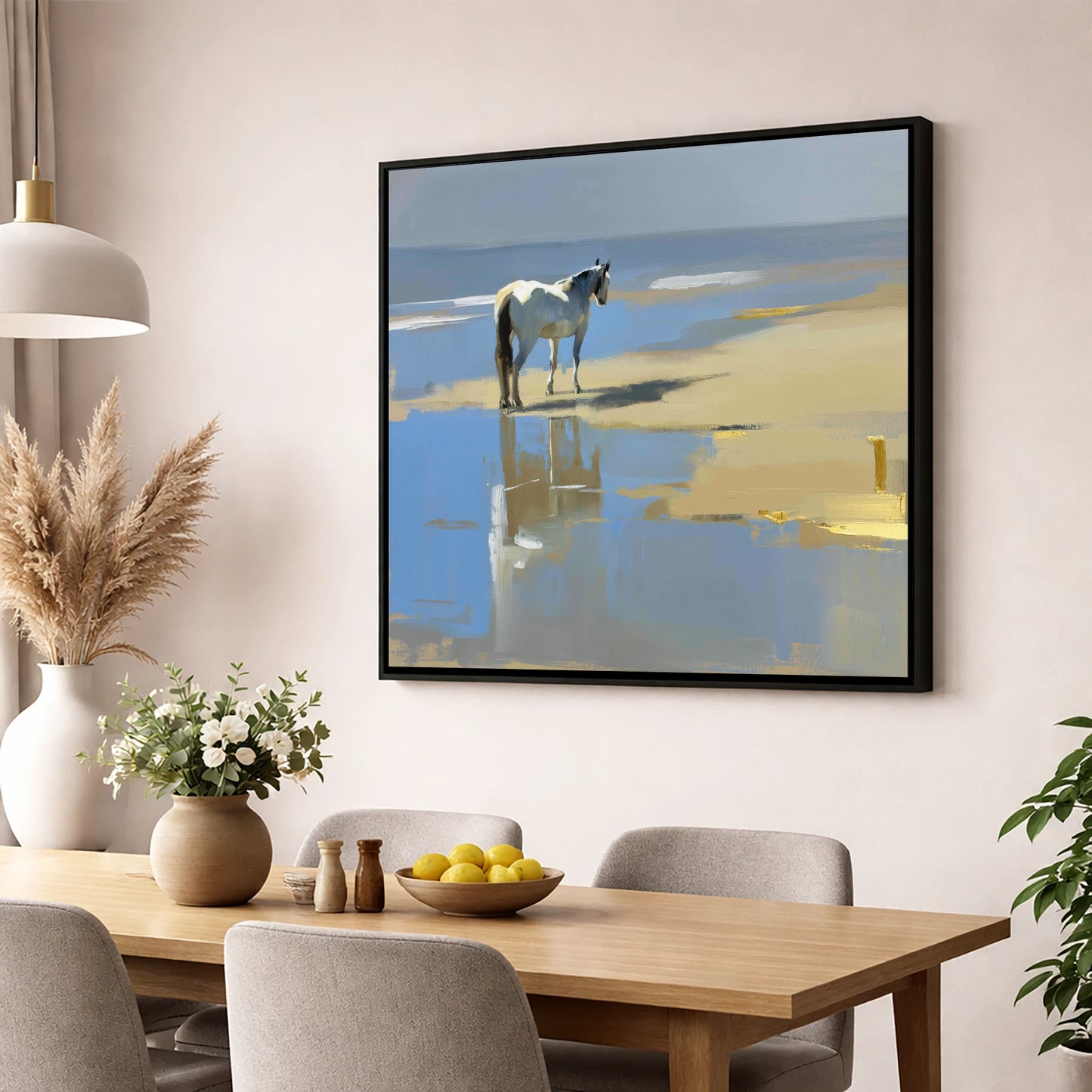 Shoreline Solitude horse landscape wall art displayed in a dining room