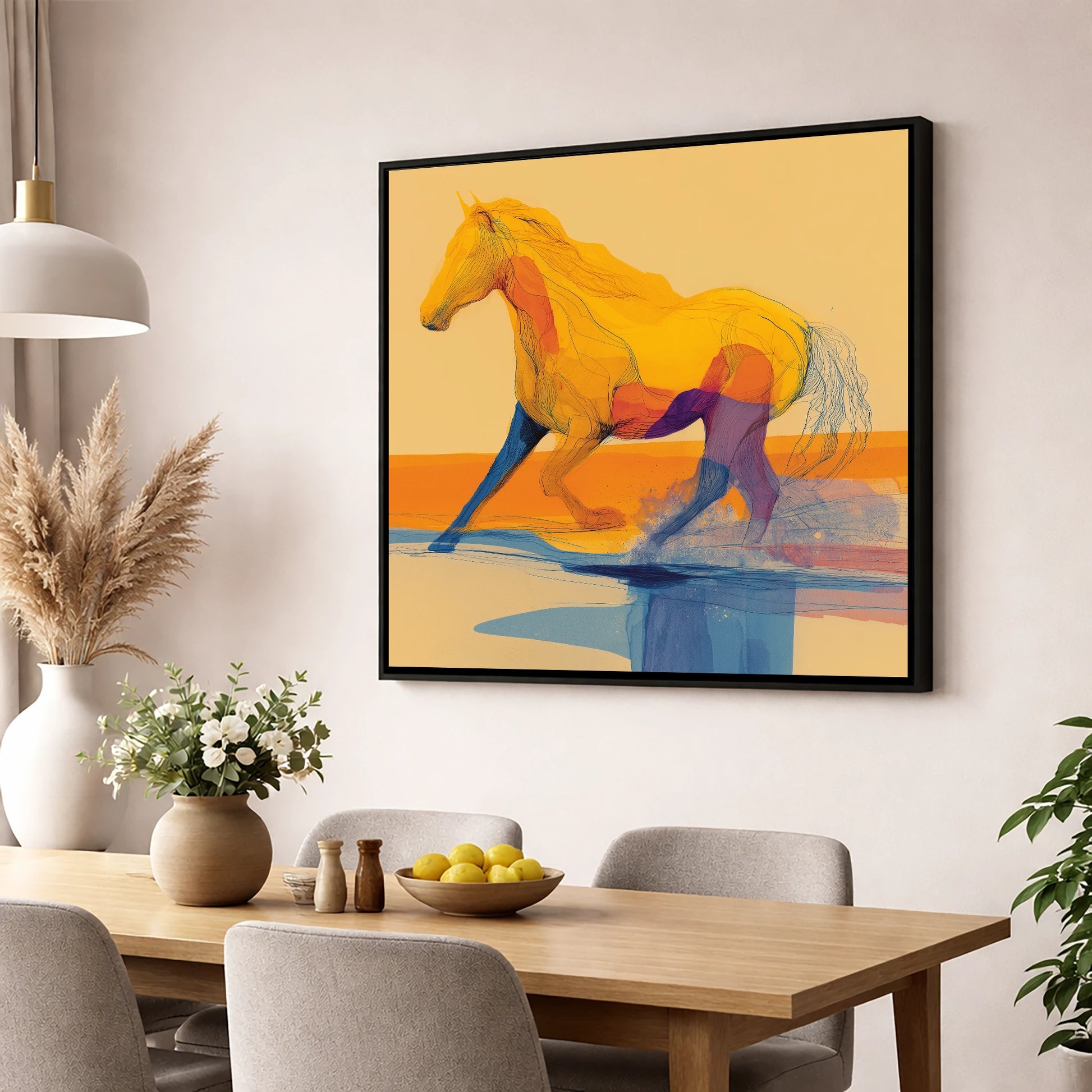 Vibrant Coastal Canter beach horse wall art displayed in a dining room