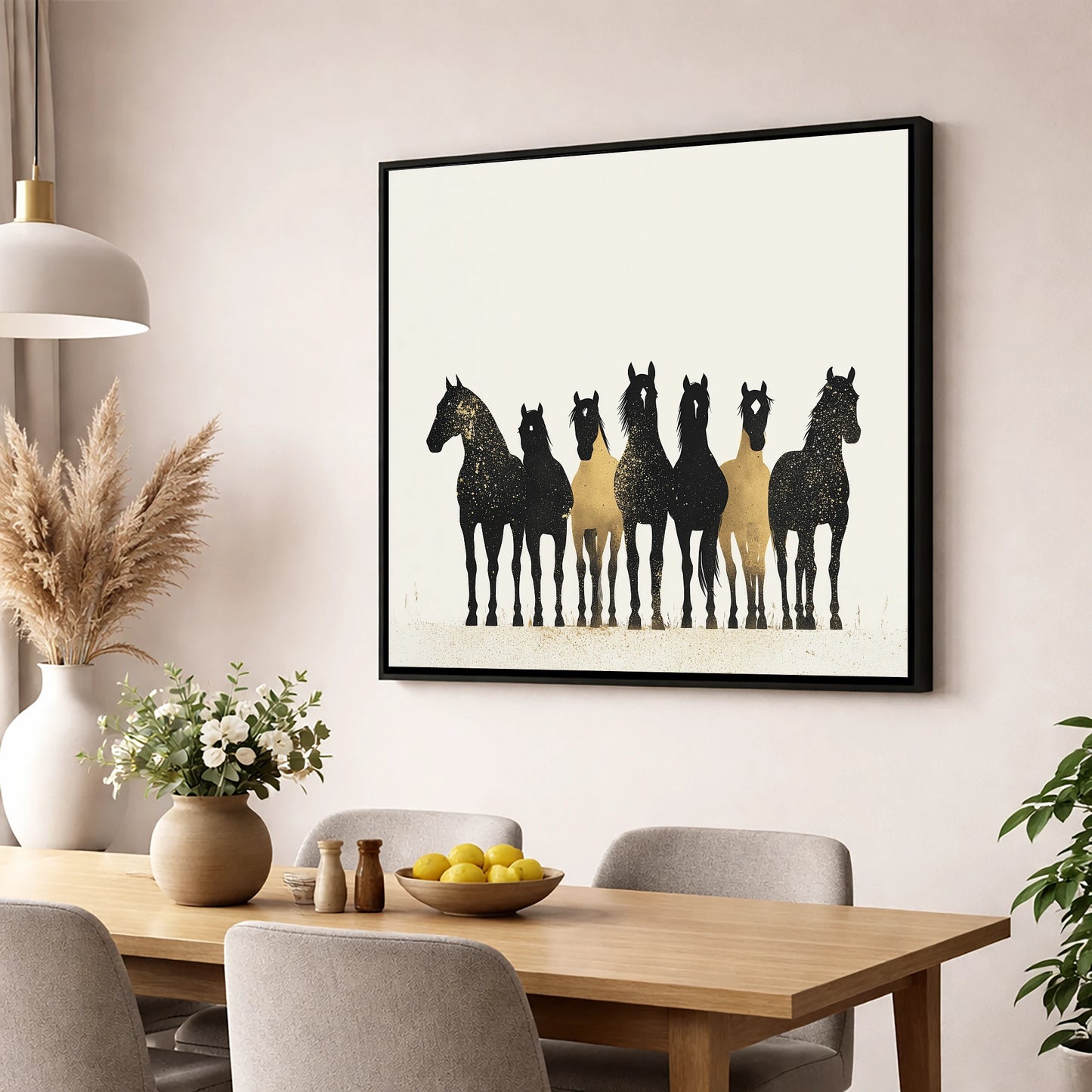Gilded Companions horse landscape wall art displayed in a dining room