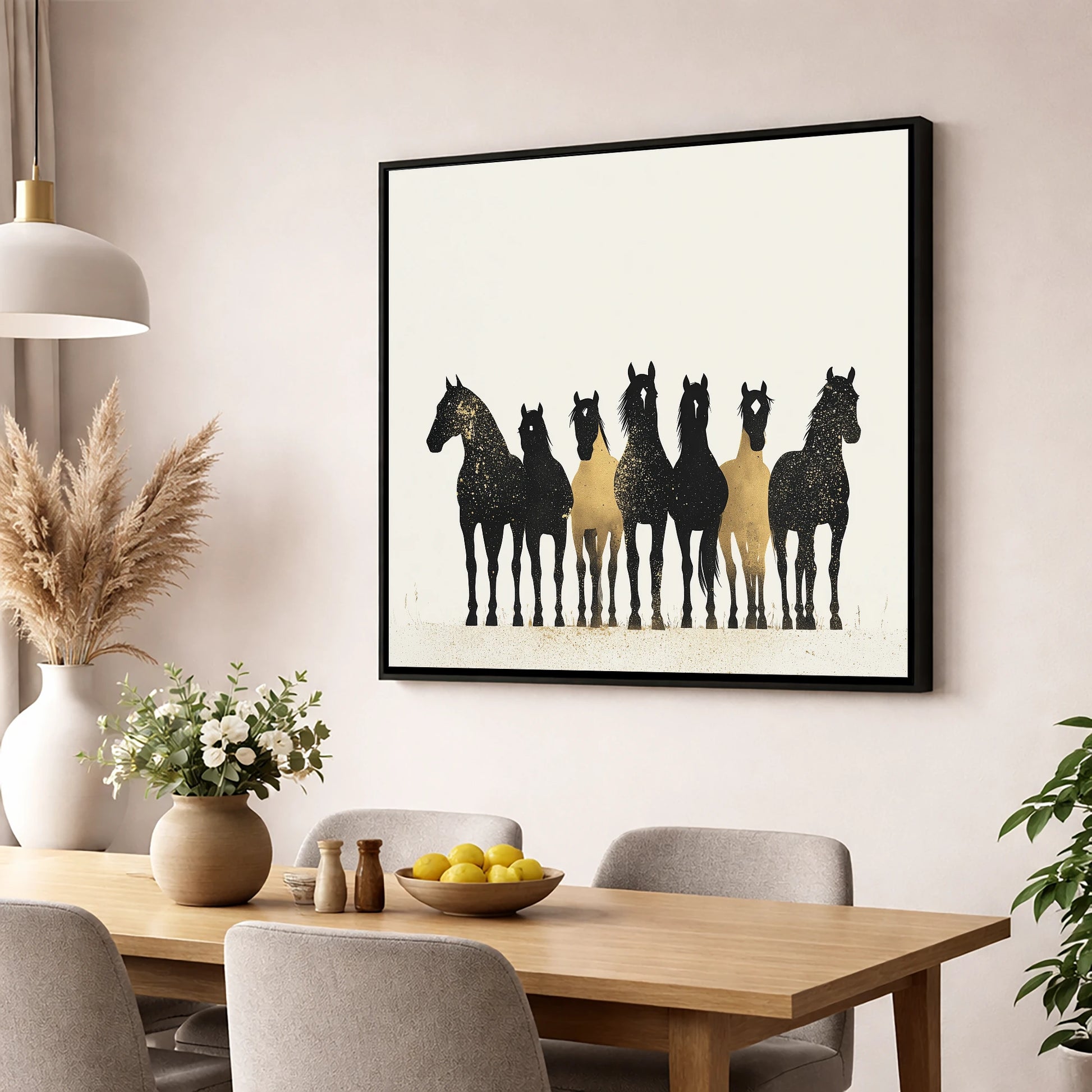 Gilded Companions horse landscape wall art displayed in a dining room