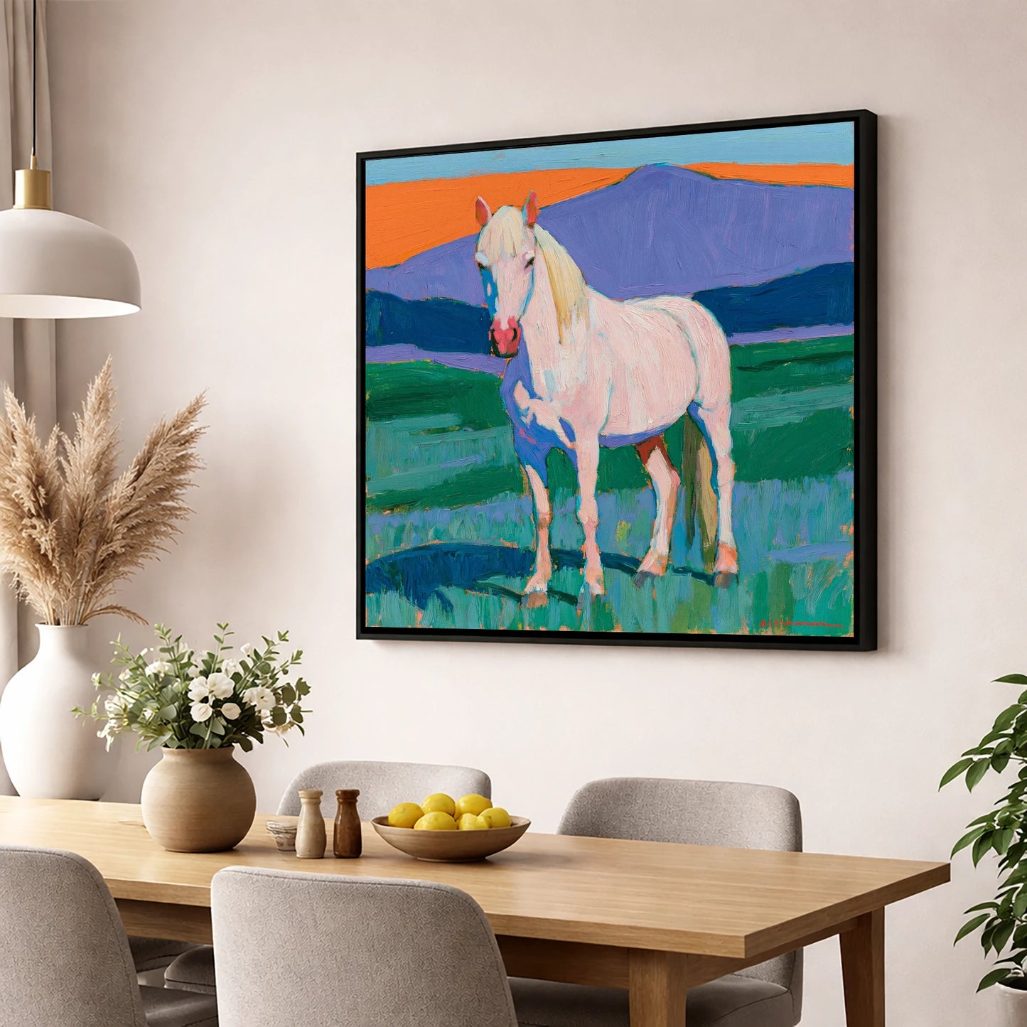 Grey Horse in Colourful Landscape horse breed wall art displayed in a dining room