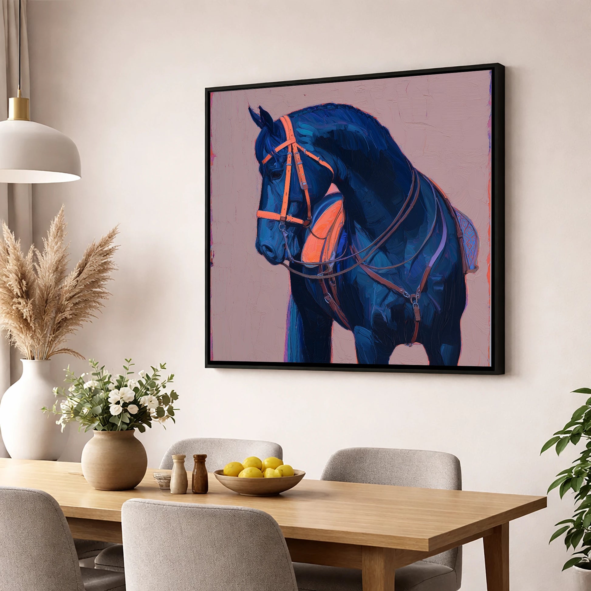 Vibrant Indigo Profile horse breed wall art displayed in a dining room