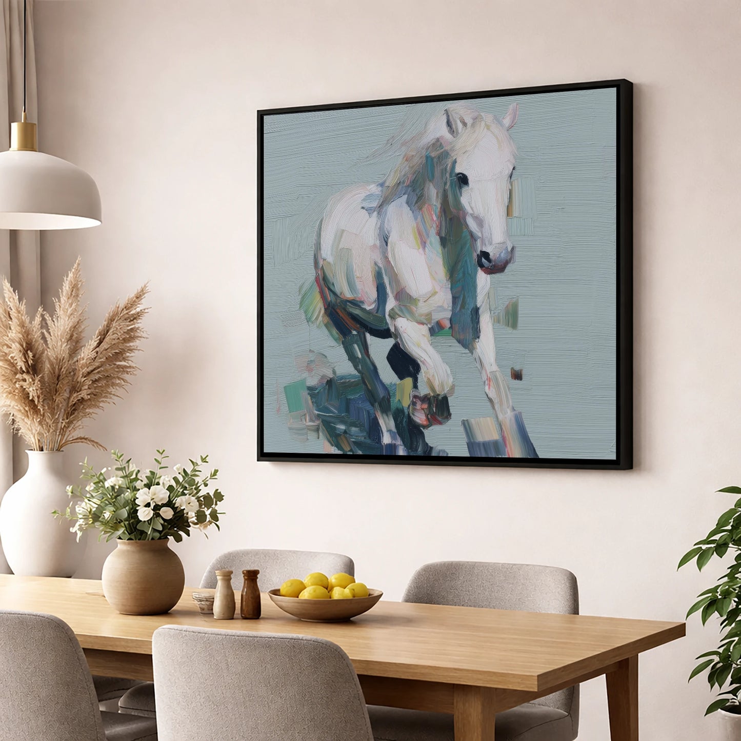 Expressive Grey Canter horse breed wall art displayed in a dining room