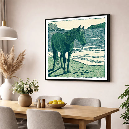 Shoreline Solitude horse landscape wall art displayed in a dining room