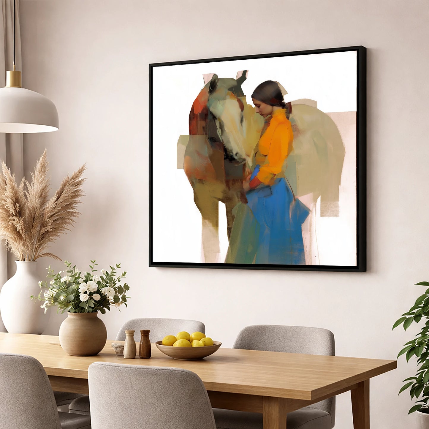Modern Harmony horse & rider wall art displayed in a dining room